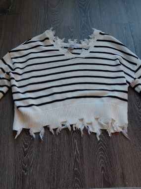 Striped Cropped Fringe Knit Top - Black & White